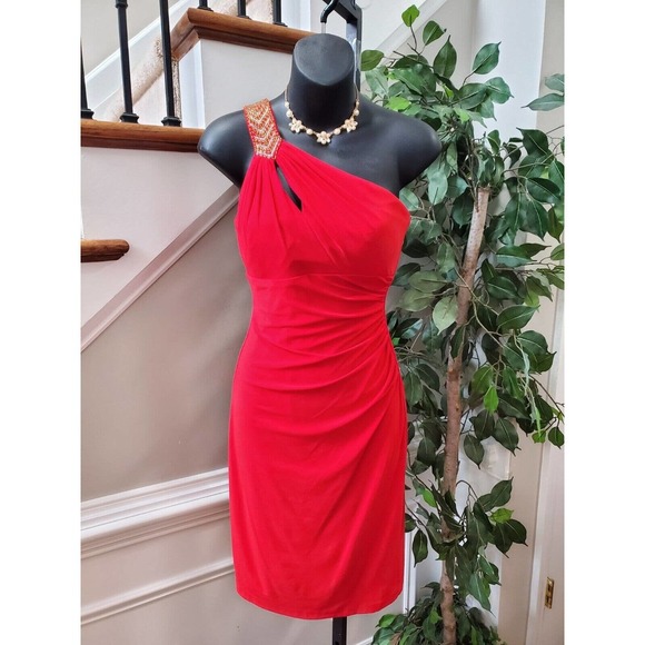 Cache Women's Solid Red Polyester One Shoulder Off Knee Length Dress Zero Size - Picture 1 of 12